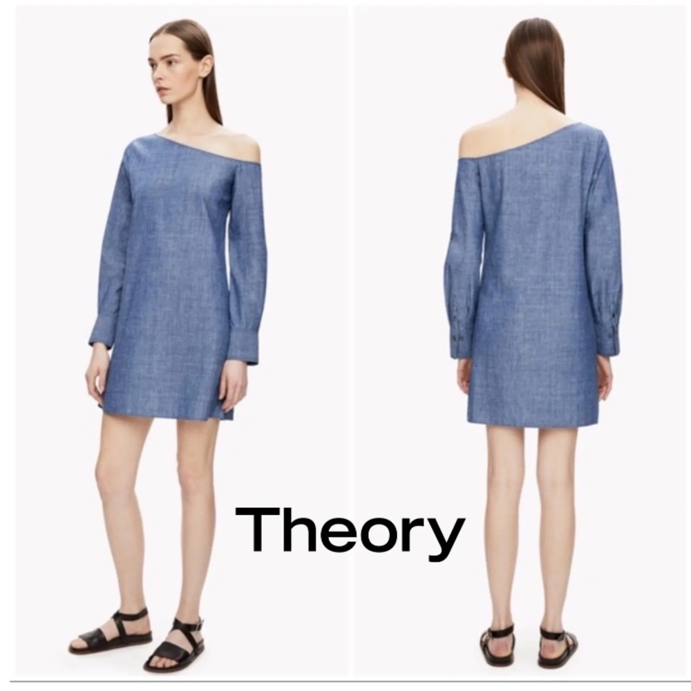 NWOT Theory Women’s Ulrika Denim Chambray Off Shoulder Poplin Dress Sz 4